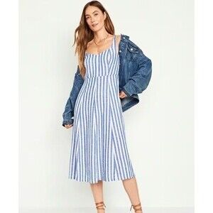 NWT Old Navy Fit & Flare Sleeveless Midi Dress Blue White Stripe Size Large